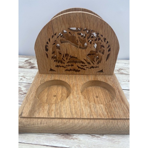 Vintage Carved Teak Wood Art DEER Salt Pepper Shaker Napkin Holder - Picture 1 of 12